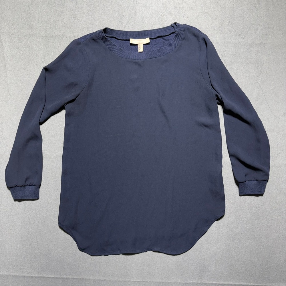 Banana Republic Navy Blue Mixed Media Long Sleeve Top XS Petite Ribbed Trim